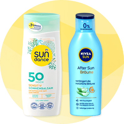 Zwei Sonnenpflegeflaschen nebeneinander: links weiße SUNDANCE-Lotion mit grüner Kappe, großer gelber Kreis mit Schrift „sun dance“ und „50 hoch sensitiv Sonnenbalsam“, rechts blaue NIVEA SUN Flasche mit Aufschrift „After Sun Bräune“ und Hinweis „0%“ oben