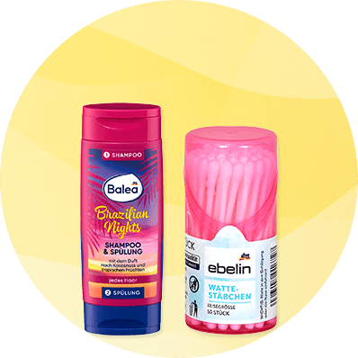 Zwei pinke Pflegeprodukte vor gelbem Hintergrund: links Balea „Brazilian Nights“ Shampoo & Spülung, rechts transparente Dose ebelin Wattestäbchen mit pinken Stäbchen