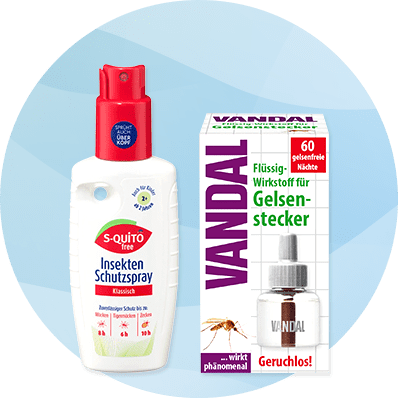 Links eine weiße S‑QUITO Insektenschutzspray-Flasche mit rotem Sprühkopf, rechts eine VANDAL Verpackung für flüssigen Wirkstoff für Gelsensstecker mit Abbildung des Steckgeräts und Text „Geruchlos!“