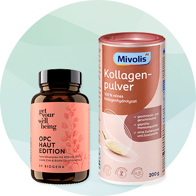 links ein braunes Nahrungsergänzungsglas mit schwarzem Deckel und rosa Etikett „get your well being OPC HAUT EDITION by Biogena“, rechts eine rosa Dose „Mivolis Kollagenpulver 200 g“ mit Löffelillustration und Angaben zu Geschmack, Inhaltsstoffen und Qualität