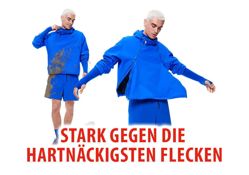 Zwei Aufnahmen desselben jungen Mannes in knallblauem Hoodie und blauen Shorts, links mit braunen Schlammspritzern auf Hoodie und Shorts, rechts sauber und ausladend die Arme spreizend, unten roter Schriftzug „STARK GEGEN DIE HARTNÄCKIGSTEN FLECKEN“