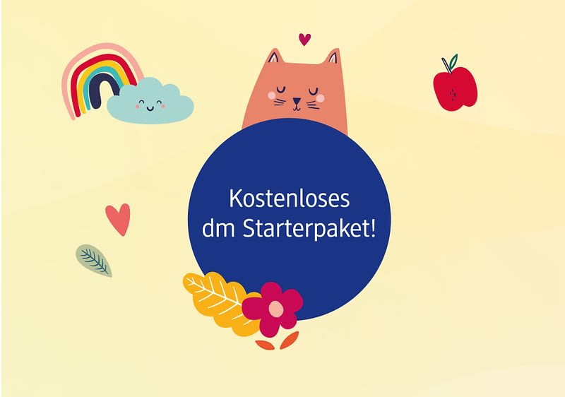 Eine Illustration mit einem lächelnden Regenbogen, einer Wolke, einer Katze, einem Apfel und einem Kreis mit der Aufschrift „Kostenloses dm Starterpaket“