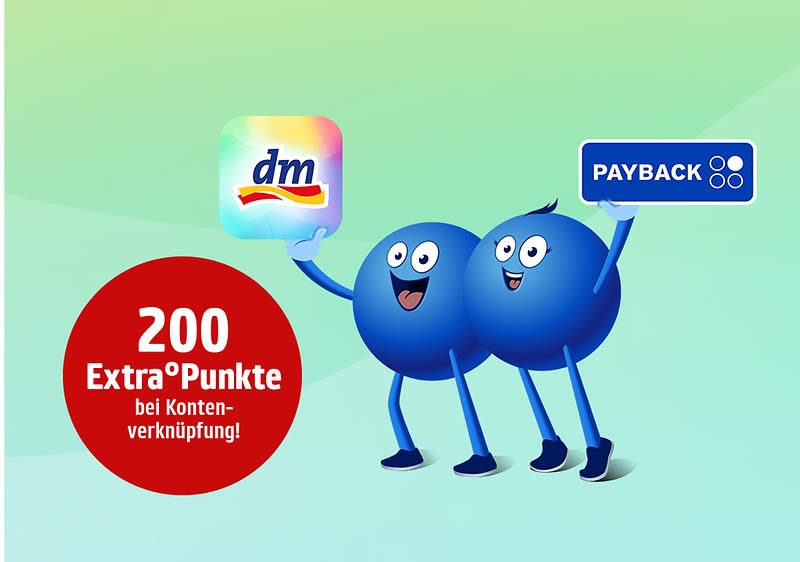 Zwei lächelnde blaue Punkte mit Armen und Beinen halten links ein dm-Logo und rechts ein PAYBACK-Logo, daneben ein roter Kreis mit weißer Aufschrift „200 Extra-Punkte bei Kontenverknüpfung“