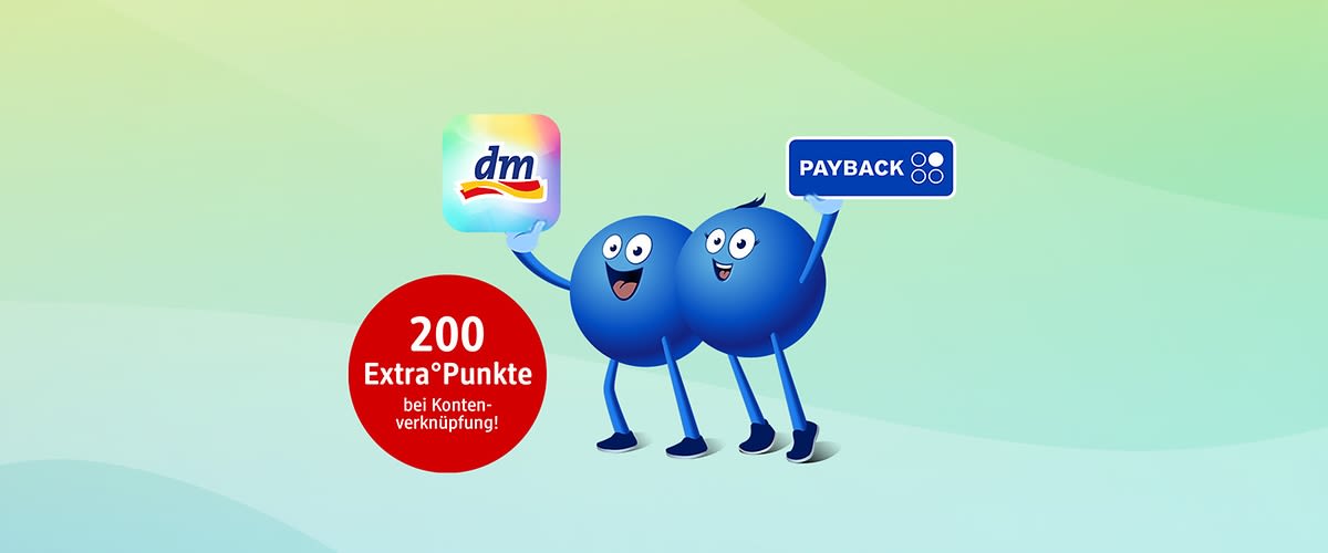 Zwei fröhliche blaue Punktfiguren halten links das bunte dm-Logo und rechts die blaue PAYBACK-Karte, links unten roter Kreis mit weißer Schrift „200 Extra-Punkte bei Kontenverknüpfung“