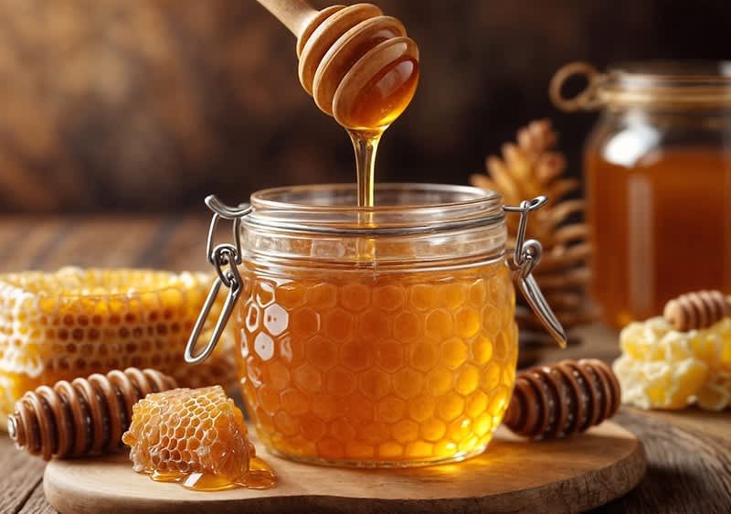 Honig im Glas mit Honiglöffel und Waben auf Holzbrett