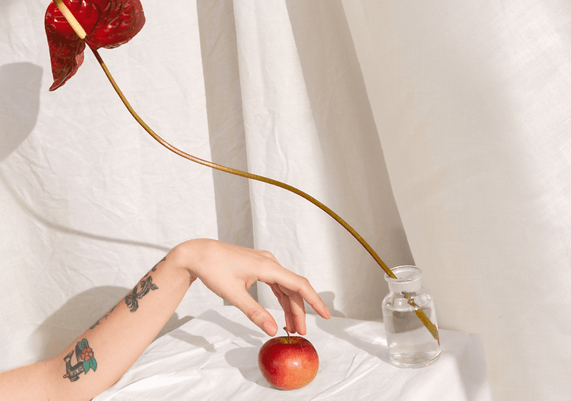 Blume in Vase mit Hand und Apfel auf weißem Hintergrund