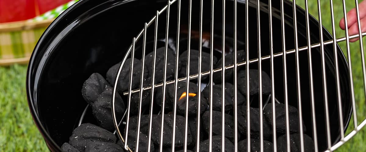 grüne Wiese mit Griller und Spießen aus Fleisch und Gemüse