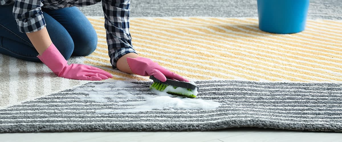 Frau reinigt Teppich