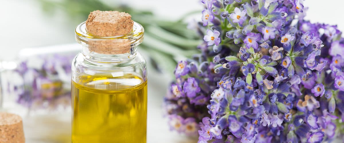 Lavendel neben einem Fläschen Öl