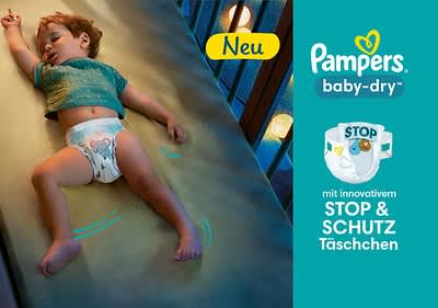 Pampers Baby-Dry Windeln und Pants halten bis zu zwölf Stunden trocken und sitzen sicher und bequem.