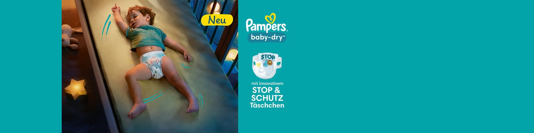 Pampers Baby-Dry Windeln und Pants halten bis zu zwölf Stunden trocken und sitzen sicher und bequem.