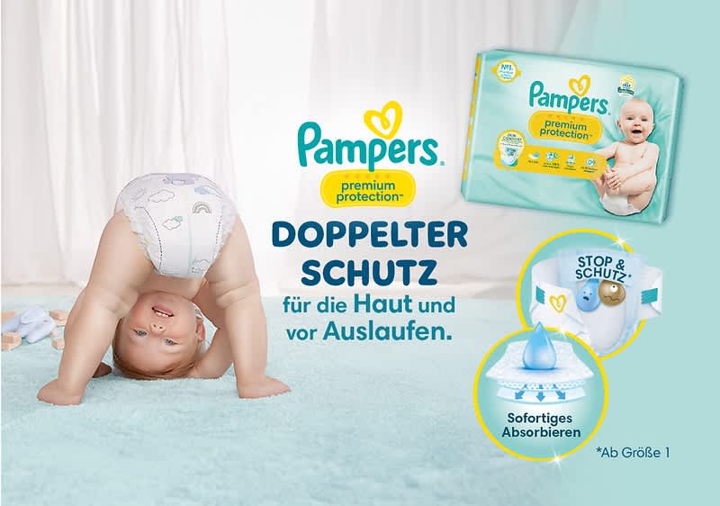 Pampers Premium Protection Windeln – für hohen Tragekomfort und langanhaltenden Schutz.