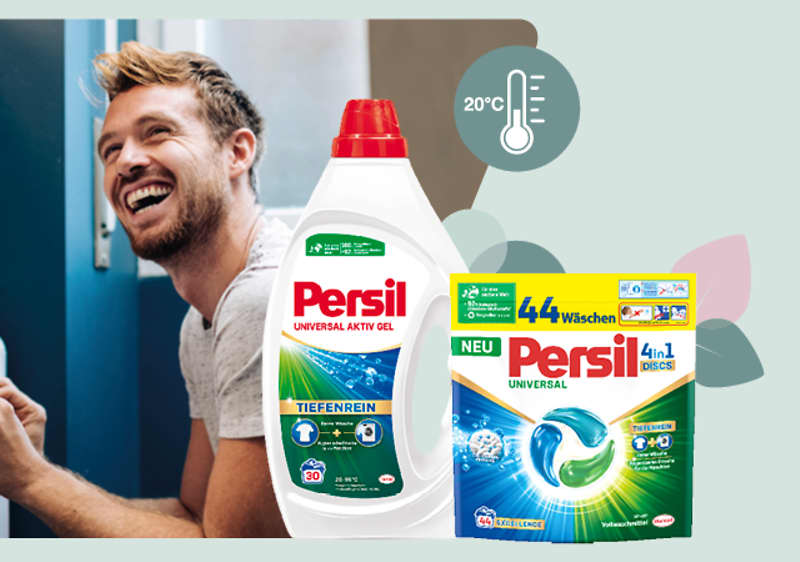 Persil Waschmittel mit Temperaturanzeige und Blättern im Hintergrund