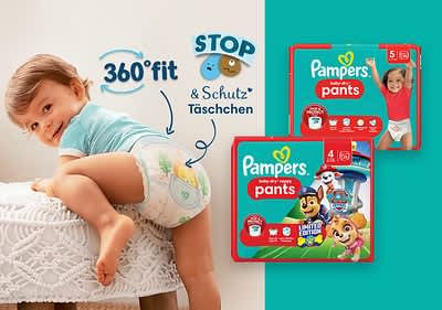 Pampers Baby-Dry Windeln und Pants halten bis zu zwölf Stunden trocken und sitzen sicher und bequem.