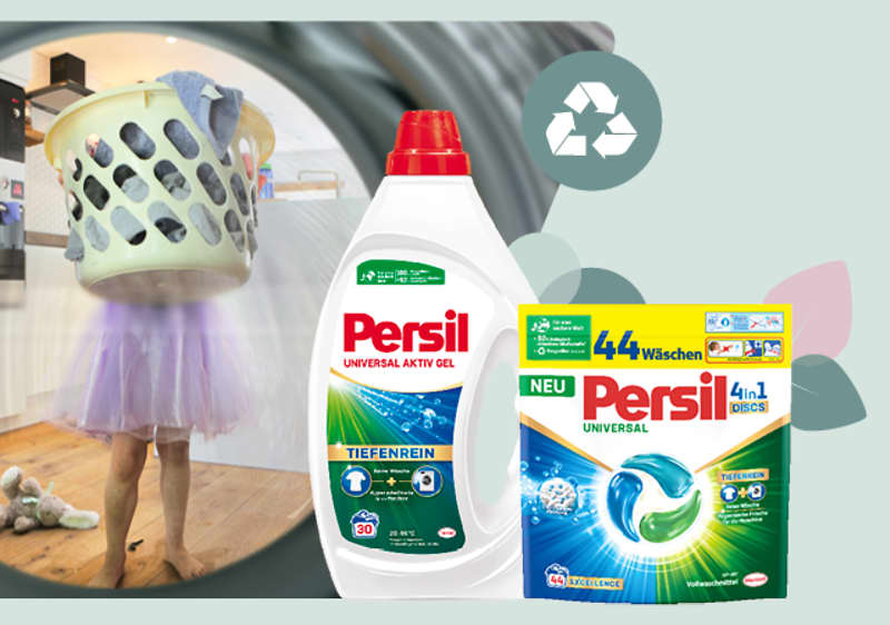 Persil Waschmittel mit Wäschekorb und Recycling-Symbol