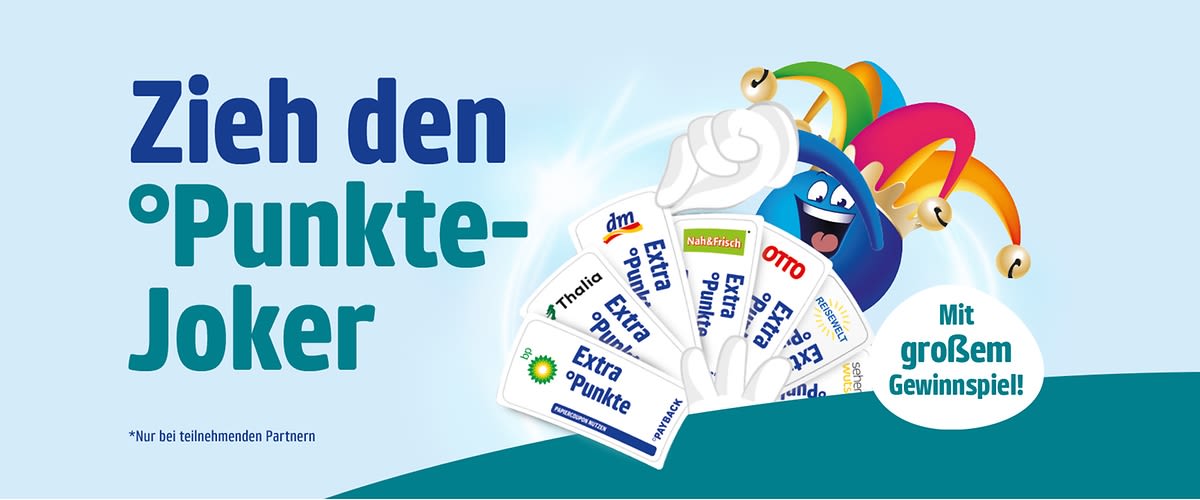 Bunter Joker mit Narrenkappe hält einen Fächer aus Kundenkarten mit der Aufschrift „Extra Punkte“ und Logos von Marken wie dm, OTTO und Nah&Frisch, links darüber großer Text „Zieh den Punkte-Joker“, rechts rundes Feld „Mit großem Gewinnspiel“