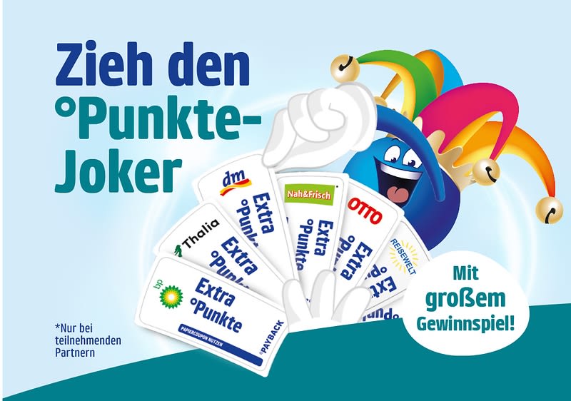Bunter Joker mit Narrenkappe hält einen Fächer von Kundenkarten und Coupons mit Aufschriften wie „Extra Punkte“, „dm“, „OTTO“, „Nah&Frisch“ und daneben großer Text „Zieh den Punkte-Joker“ sowie Hinweis „Mit großem Gewinnspiel“