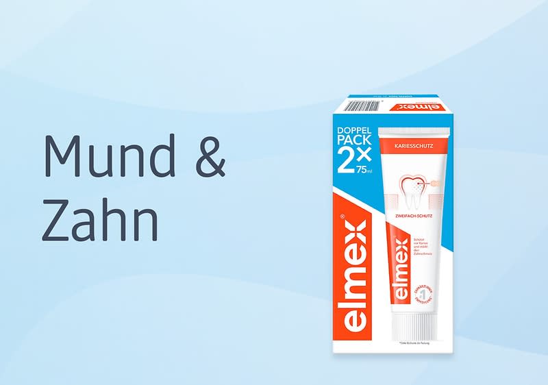 Hellblauer Hintergrund mit links dem Text „Mund & Zahn“ und rechts einer Doppelpackung Elmex Kinderzahncreme mit rotem Branding und Zahn-Icon