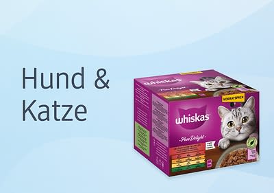 Whiskas Katzenfutterpackung neben Text Hund & Katze auf blauem Hintergrund