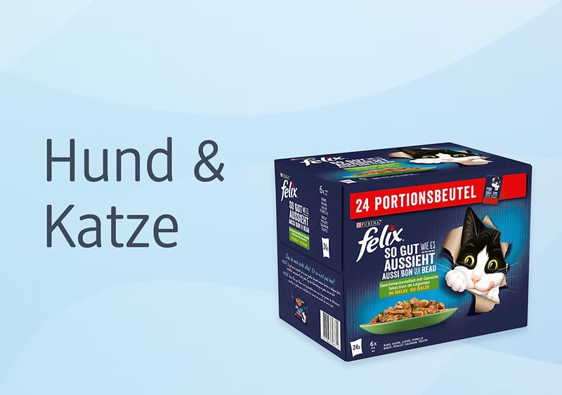 Packung Felix Katzenfutter, dunkelblau mit Katzenmotiv und rotem Banner „24 Portionsbeutel“, Text „Hund & Katze“ links im Bild