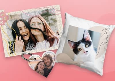 Eine Collage mit einem Kissen, das eine schwarz-weiße Katze zeigt, einem herzförmigen Schlüsselanhänger und einem Foto mit zwei Personen, deren Gesichter unscharf sind