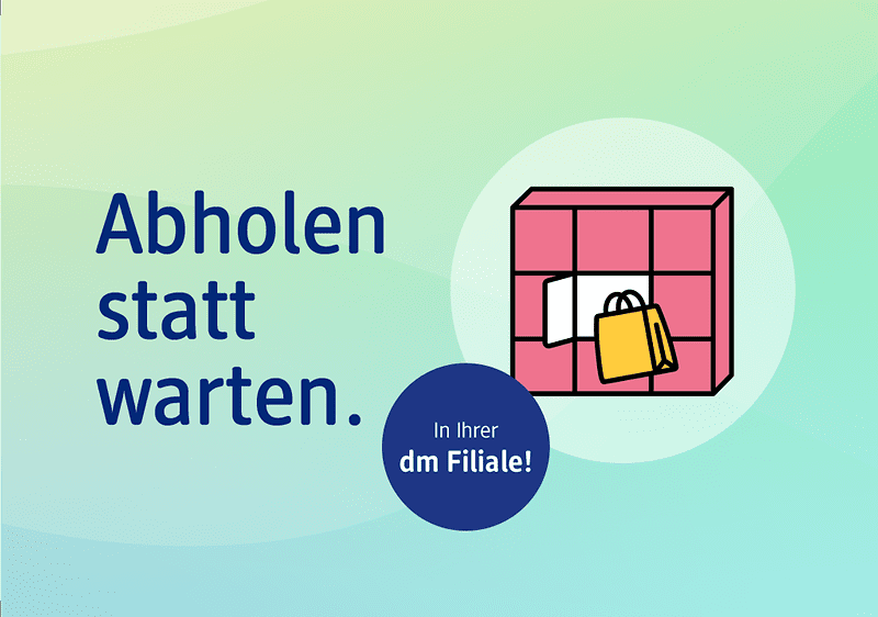 Text auf dem Bild: „Abholen statt warten. In Ihrer dm Filiale!“ Illustration eines rosa Schließfachs mit gelber Einkaufstasche