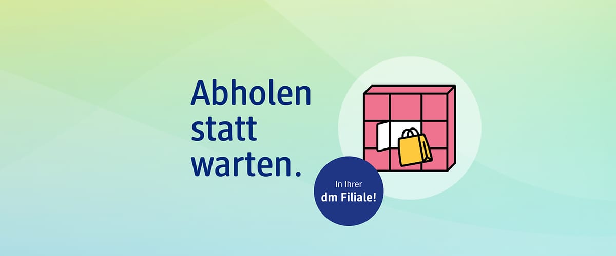 Text auf dem Bild: „Abholen statt warten. In Ihrer dm Filiale!“ Illustration eines rosa Schließfachs mit gelber Einkaufstasche