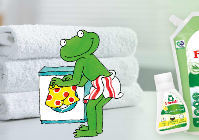 Frosch-Maskottchen mit Waschmittel