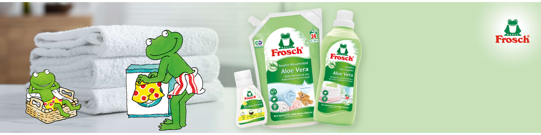 Frosch-Maskottchen mit Waschmittel