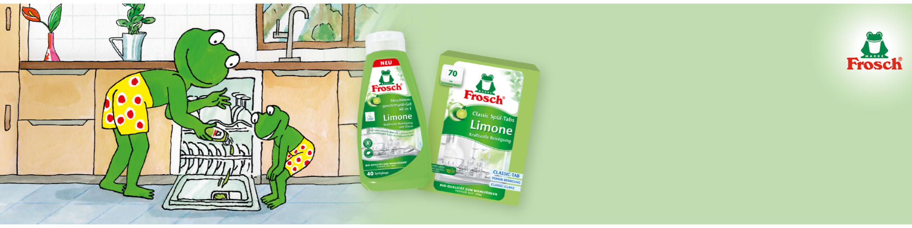Zwei Frösche räumen die Spülmaschine ein