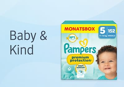 Pampers Verpackung mit Baby & Kind Schriftzug auf blauem Hintergrund