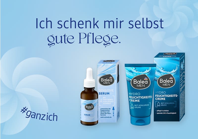 Zwei Balea Men Hydro Feuchtigkeitscremes und ein Sensitive Serum vor blauem Hintergrund mit Text „Ich schenk mir selbst gute Pflege“ und „#ganzich“