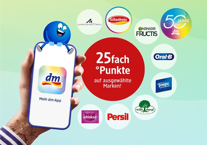 Hand hält Smartphone mit dm-App-Logo auf dem Bildschirm, darüber blauer Smiley-Button; rechts roter Kreis mit Text „25fach Punkte auf ausgewählte Marken!“ umgeben von Markenlogos: Manhattan, Schaebens, Garnier Fructis, 50 Jahre dm, Oral‑B, Tempo, willy dungl, Persil, Whiskas
