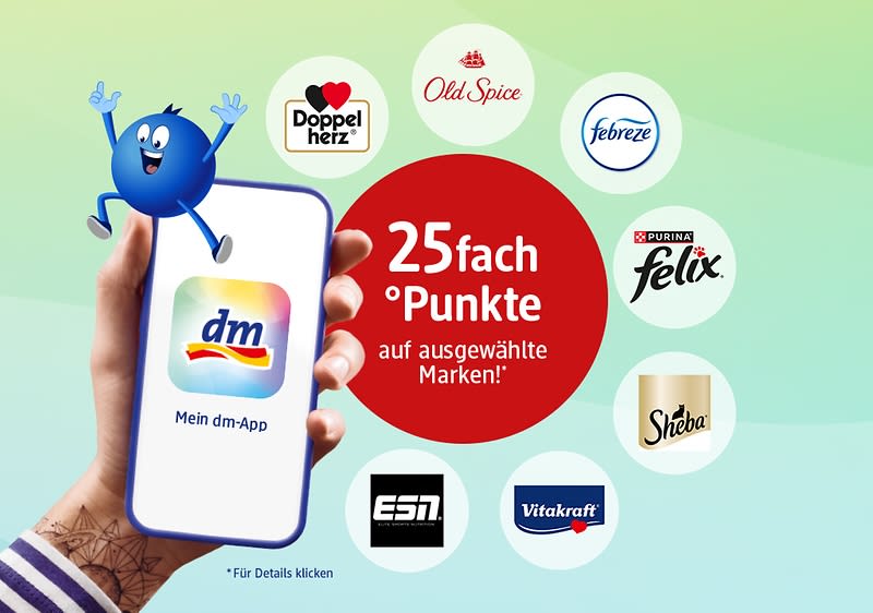 Eine Hand hält ein Smartphone mit der dm-App, umgeben von Logos: Doppelherz, Old Spice, Febreze, Felix, Sheba, ESI, Vitakraft. Text: „25fach °Punkte auf ausgewählte Marken!“
