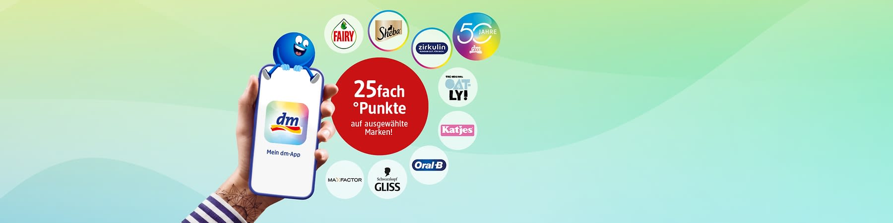 Hand hält Smartphone mit dm-App-Symbol, daneben roter Kreis mit weißer Schrift „25fach Punkte auf ausgewählte Marken!“, umgeben von Markenlogos wie Fairy, Sheba, zirkulin, Oatly, Katjes, Max Factor, Schwarzkopf Gliss, Oral‑B und dm 50 Jahre Zeichen