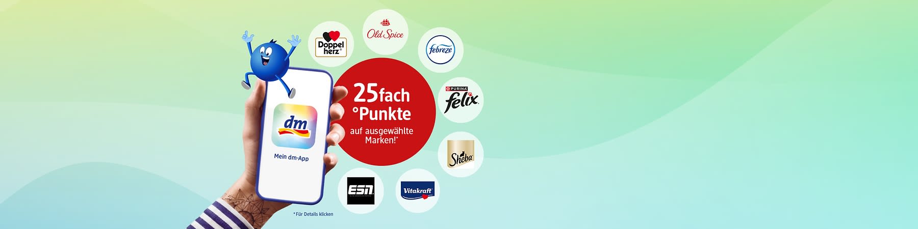 Eine Hand hält ein Smartphone mit der dm-App, umgeben von Logos: Doppelherz, Old Spice, Febreze, Felix, Sheba, ESI, Vitakraft. Text: „25fach °Punkte auf ausgewählte Marken!“