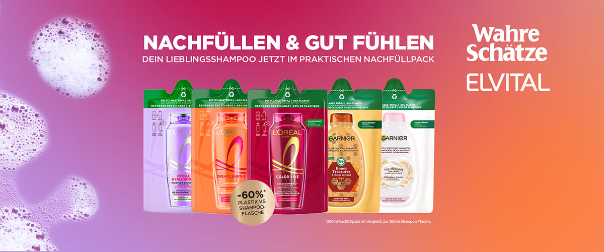 250ml Nachfüllpacks von Elvital und Wahre Schätze