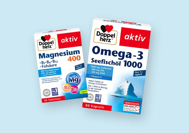 Doppelherz Nahrungsergänzungsmittel Magnesium und Omega-3 Verpackungen