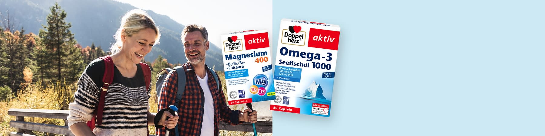 Doppelherz Nahrungsergänzungsmittel Magnesium und Omega-3 Verpackungen