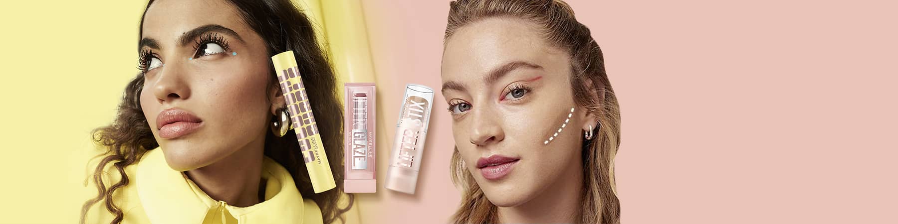 Make-up-Produkte mit Lippenstift und Mascara in Pastellfarben von Maybelline