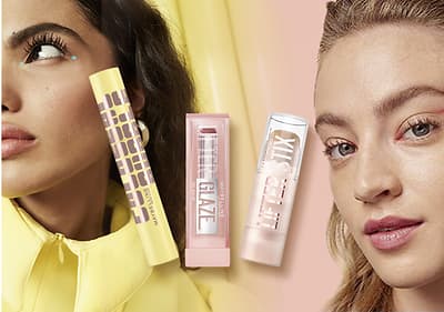 Make-up-Produkte mit Lippenstift und Mascara in Pastellfarben von Maybelline
