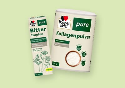 Doppelherz Produkte Bitter Tropfen und Kollagenpulver Verpackung