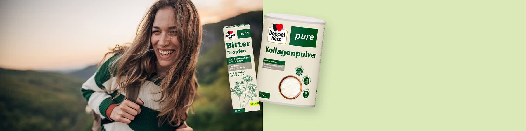 Doppelherz Produkte Bitter Tropfen und Kollagenpulver Verpackung