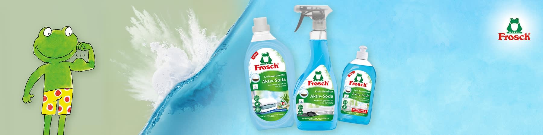 Aktiv-Soda Reinigungsprodukte von Frosch auf blauem Hintergrund
