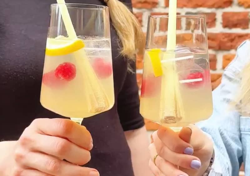 Alkoholfreier Spritz aus Sommersirup mit Zitrone und zwei Personen