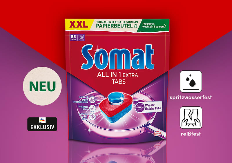Somat All in 1 Extra Tabs Verpackung mit Neuheit und Eigenschaften
