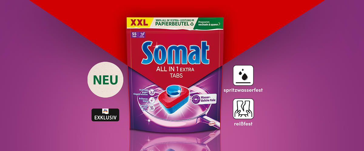 Somat All in 1 Extra Tabs Verpackung mit Neuheit und Eigenschaften