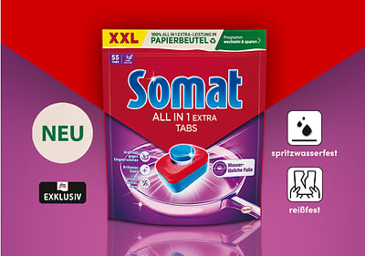 Somat All in 1 Extra Tabs Verpackung mit Neuheit Bühnenbild