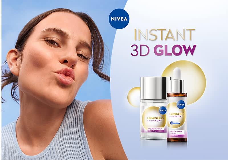 Nivea Instant 3D Glow Serum mit Flasche und Tropfer auf blauem Hintergrund