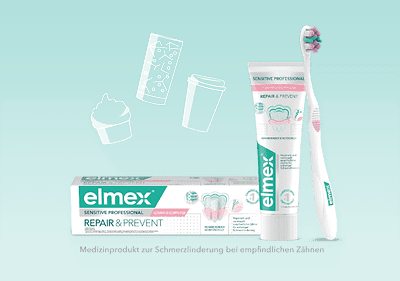 Zahnpasta Elmex Repair & Prevent mit Zahnbürste und Verpackung